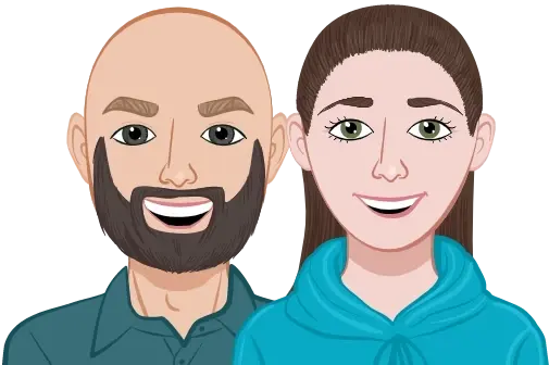 Illustrated portrait of Nick and Rebecca, the founders of Kindred Tales