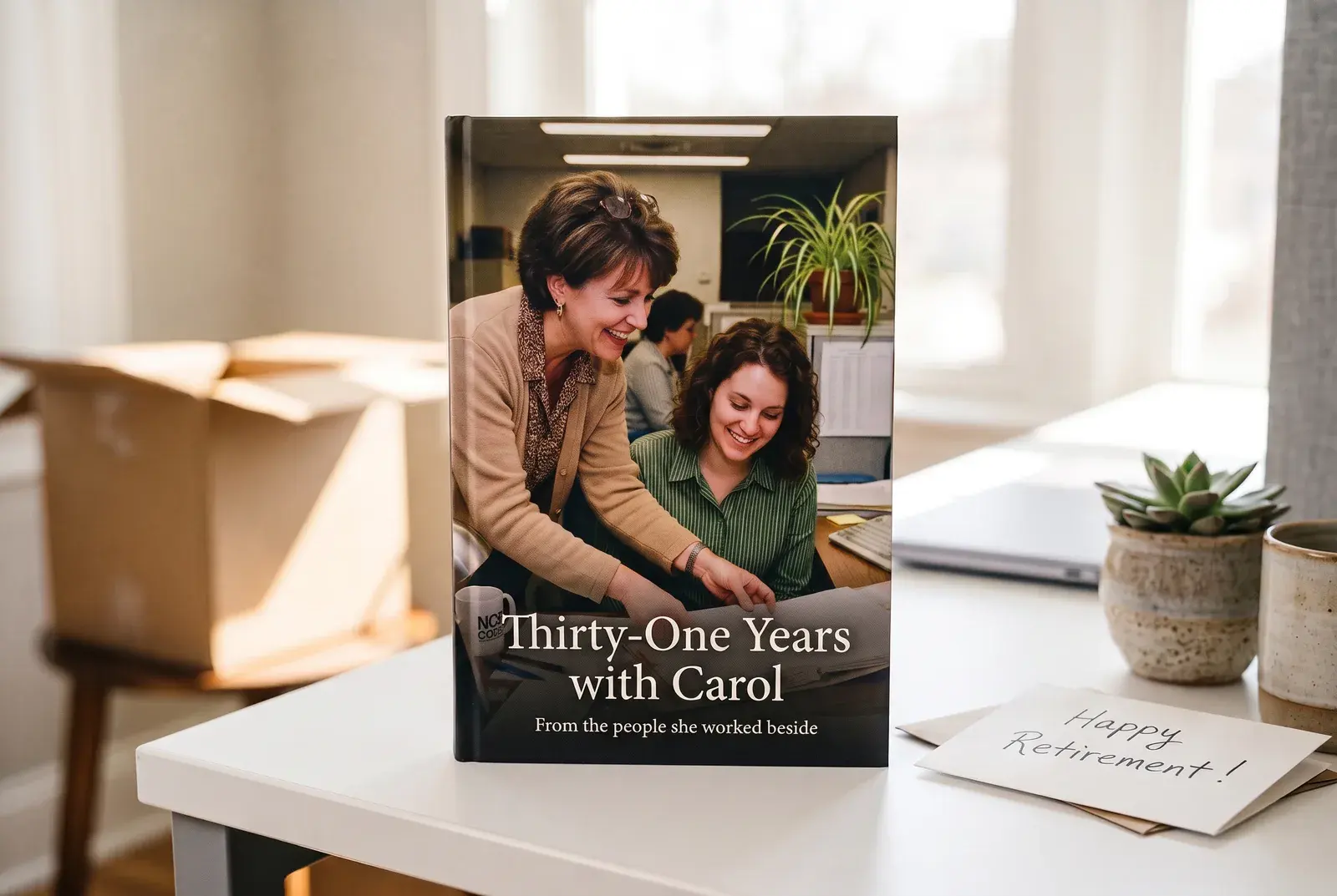 The hardcover book Thirty-One Years with Carol standing on a cleared office desk beside a Happy Retirement card and a small plant.