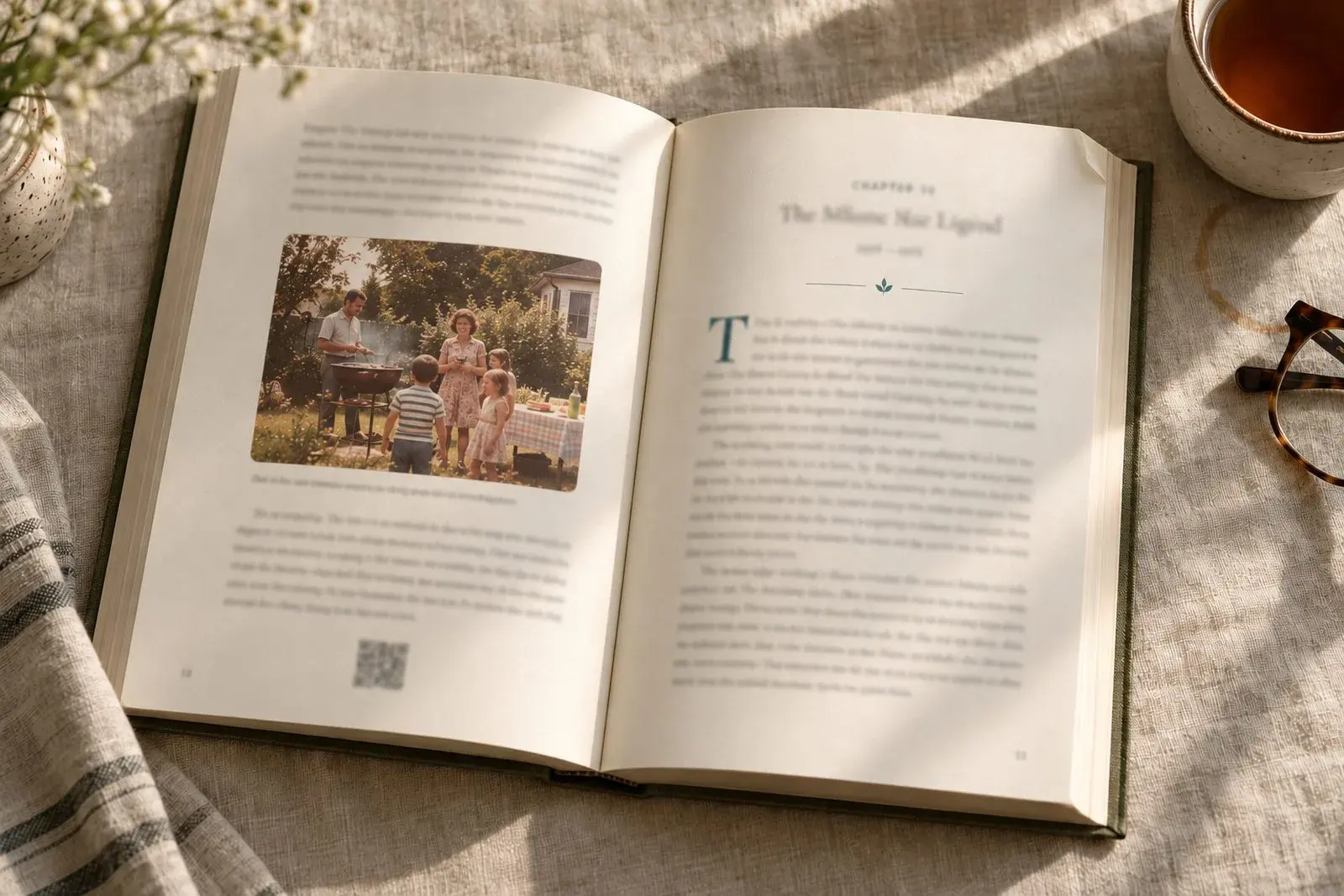 An open Kindred Tales book on a linen tablecloth, a family photograph printed between the paragraphs