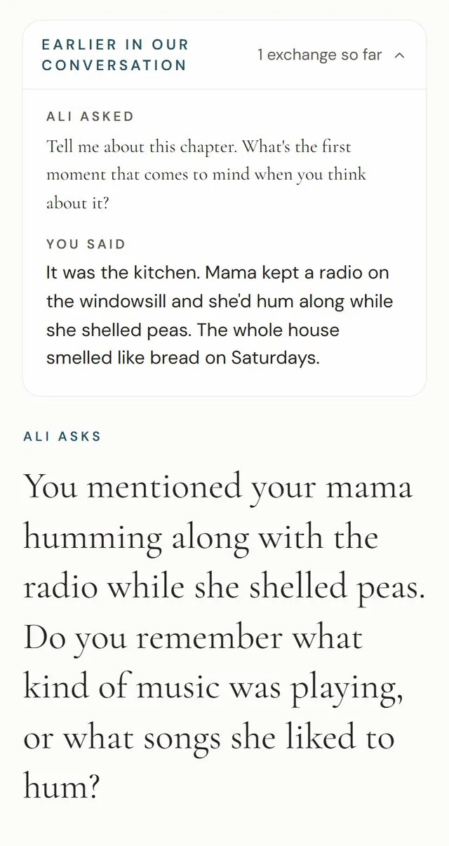 The Ali interview screen in the Kindred Tales app