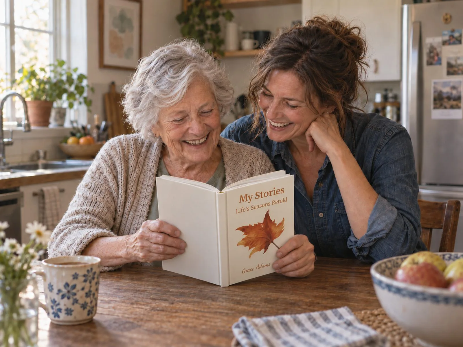 An older woman and a younger woman reading a book together at a kitchen table