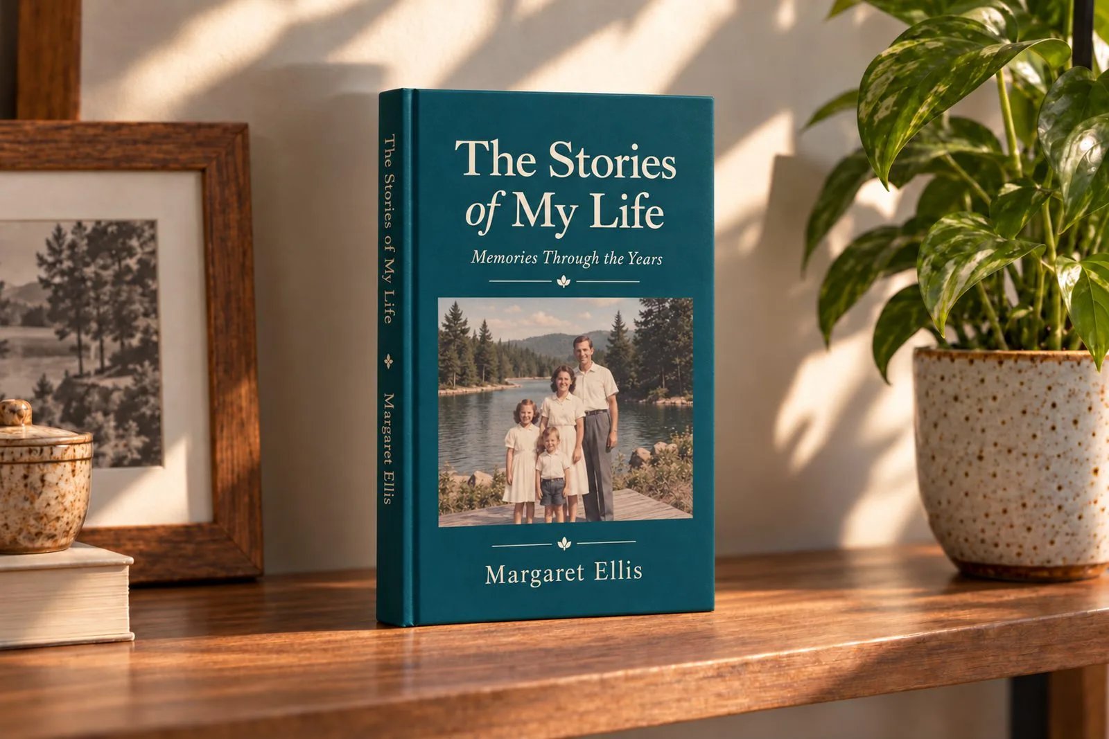 A teal hardcover life story book with a family photo cover, standing on a wooden shelf